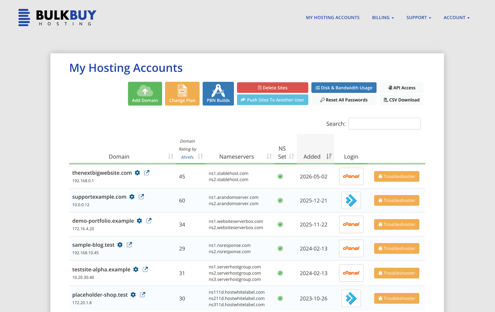 The Bulk Buy Hosting dashboard: the My Hosting Accounts page listing each site with its IP, Ahrefs Domain Rating, name servers and cPanel or DirectAdmin login